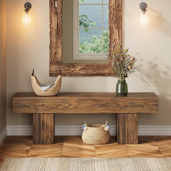 Tribesigns 55" Entryway Bench, Farmhouse Dining Bench with Broad Legs for Bedroom, Kitchen, Hallway, Rustic Brown