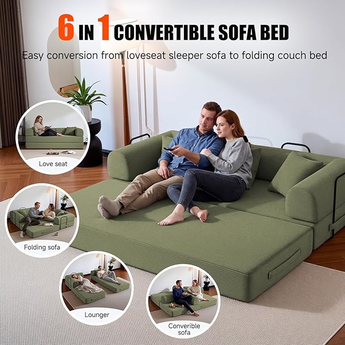 79" Compressed Sofa, Convertible Sofa Bed, Corduroy Compression Boneless Couch with Pillow, Comfy Modular Foldable Floor Sleeper Sofa for Bedroom, Living Room, Lounge, Studio (Light Green)