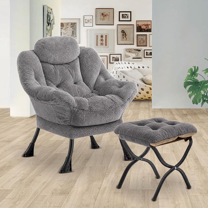 Lazy Chair with Folding Ottoman,Leisure Sofa Chair,Soft Fabric Armchair with Armrests and Side Pockets, Reading Chair with Footrest for Living Room, Bedroom, Office (Plush Light Grey)