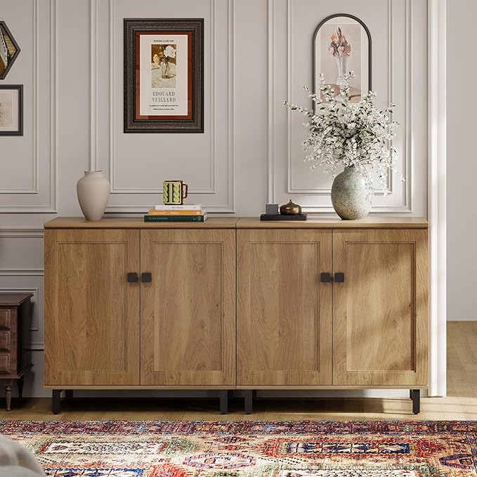 FENSULN Buffet Sideboard Cabinet Farmhouse Modern 2 in 1 Storage Cabinet with Adjustable Shelves for Kitchen, Coffee Bar, Living Room, Oak