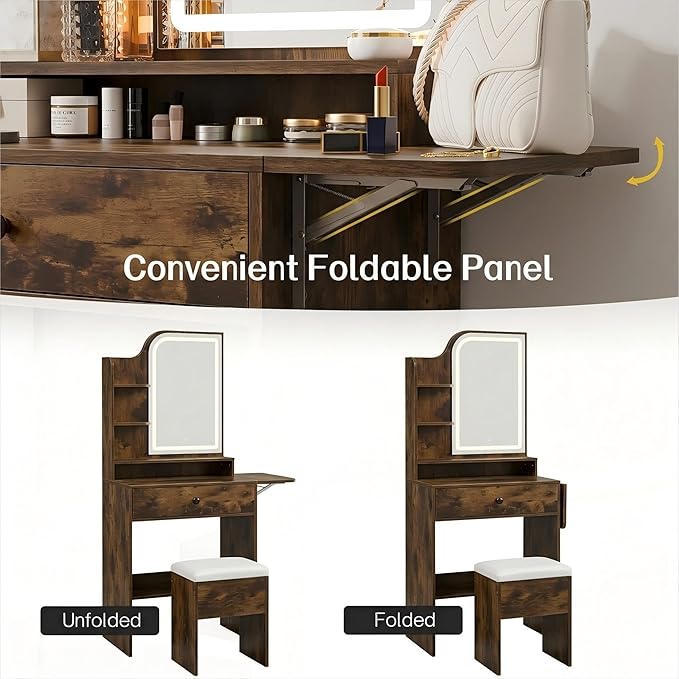 Haewon Small Vanity Desk with Mirror and Lights, Makeup Vanity with Charging Station, Compact Dressing Table Set with Storage Chair, Drawer and Shelves for Bedroom, Vintage Brown