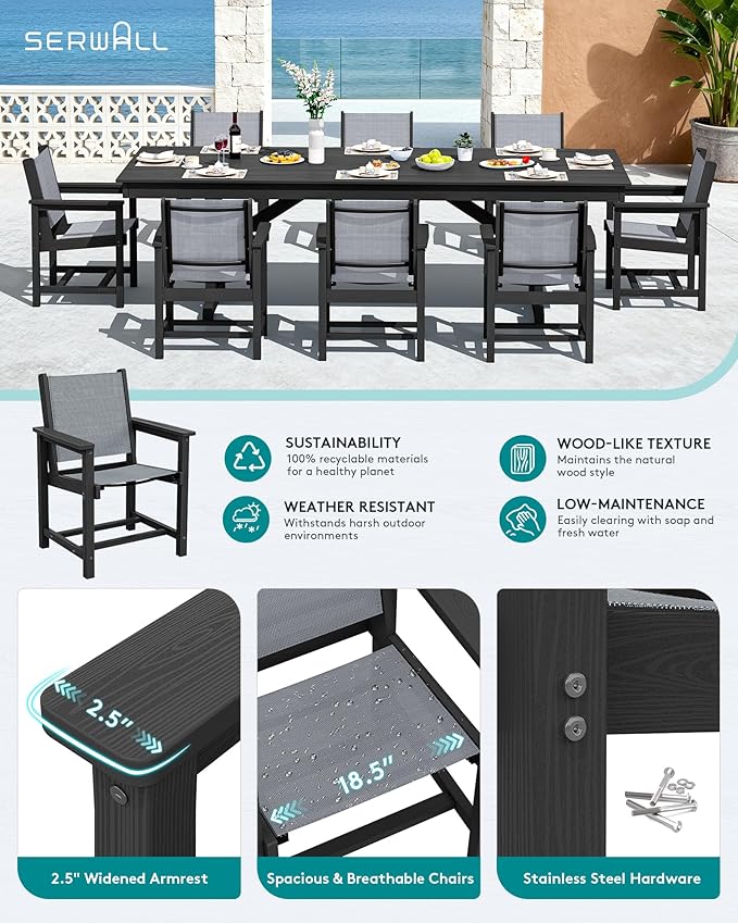 SERWALL 9 Piece Outdoor Dining Set, 84" HDPE Outdoor Large Table and Textilene Sling Chairs for 8，All Weather Patio Dining Furniture Set with Umbrella Hole for Backyard, Garden, Black