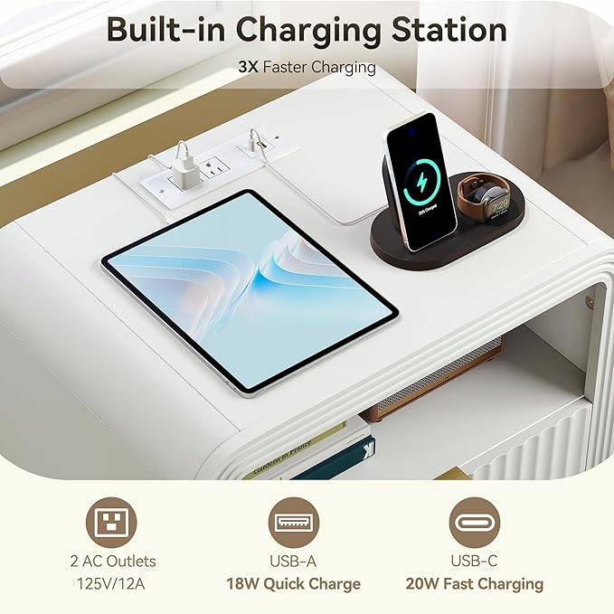 Decofy Fluted Nightstand with Charging Station, 19.7'' Wide Morden End Table with USB/Type-C Ports, 2 Drawers & Open Shelf, Curved Profile Design, Wood Bedside Table for Bedroom (White)