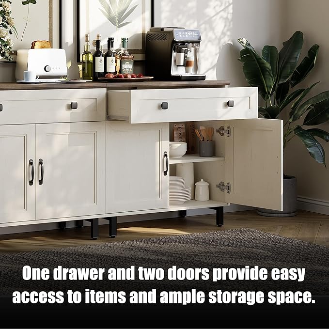 FENSULN Buffet Sideboard Cabinet Farmhouse Modern 2 in 1 Storage Cabinet with Drawer and Adjustable Shelves for Kitchen, Coffee Bar, Living Room, White