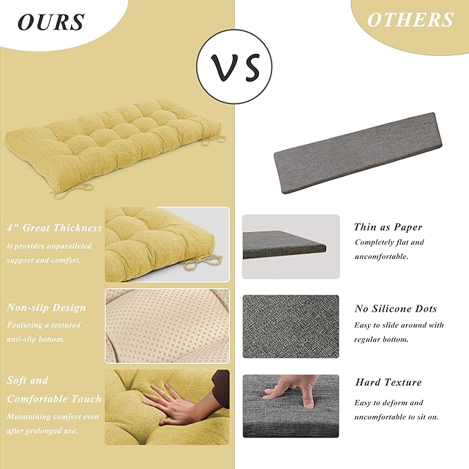 Bench Cushion for Indoor Furniture 48 x 19 inch Rectangle Bench Seat Cushion for Bay Window Entryway Bench Thick Textured Chair Cushion with Non-Slip Backing 1 Pack, Yellow
