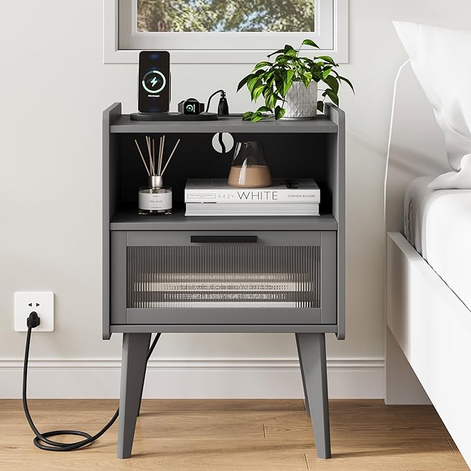 MMEOLUOOK Nightstand with Charging Station, Bedside Tables Set of 2, End Table Side Table with 2 Tiers Storage Space, for Bedroom, Living Room, Grey MLBZ07ZEV-2