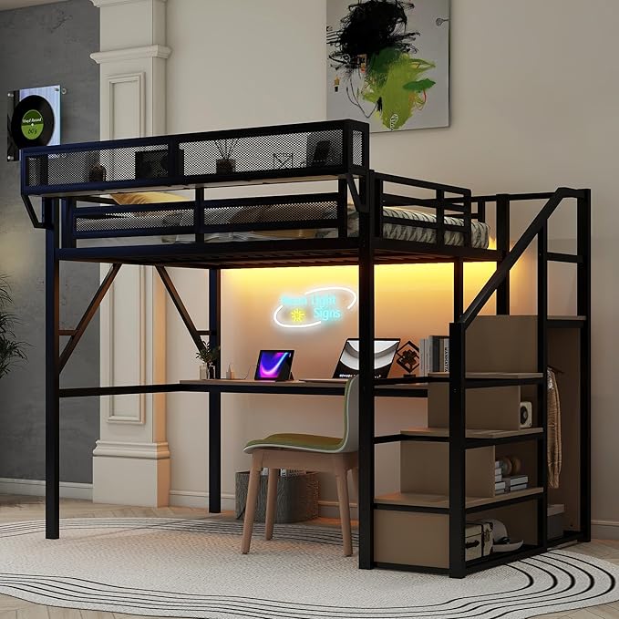 KEIKI Full Size Metal Loft Bed Frame with Desk, Staircase, Built-in Storage Shelves and Wardrobe, Modern Loft Bed with Solid Slats, Guardrail, No Box Spring Required, Easy Assembly, for Bedroom, Black