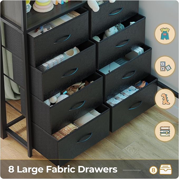 ADORNEVE Twin Size Loft Bed with Desk and 8 Storage Drawers, Metal Loft Bed Twin with LED Lights & Charging Sation, Storage Shelves, 13.1" H Safety Guard & Ladder, No Box Spring Needed, Grey