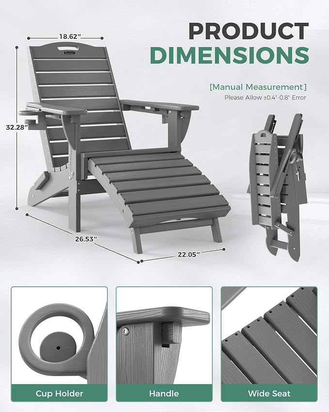 Adjustable Adirondack Chairs Set of 2 with Retractable Ottoman, HDPE Folding Adirondack Chair with Cup Holders, Weather Resistant for Backyard, Poolside & Fire Pit (Grey)