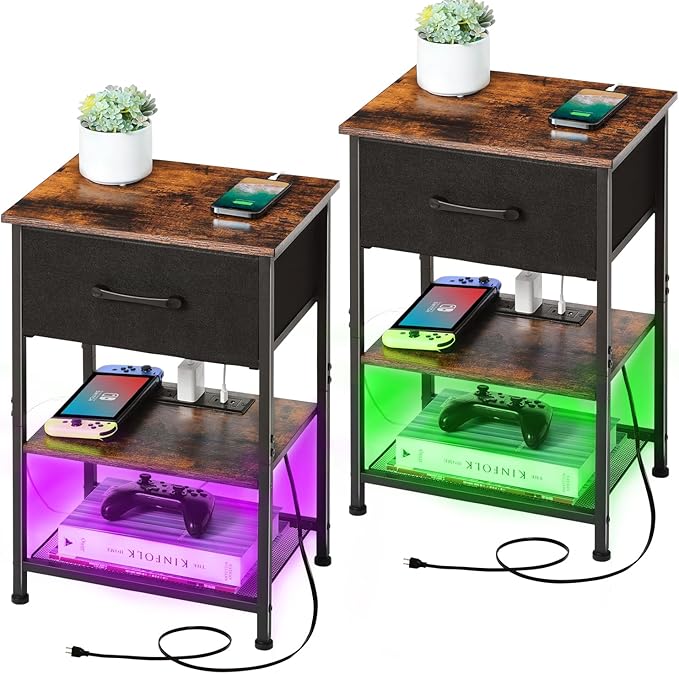 LAKEMID Nightstands Set of 2 with Charging Station and Drawer,Wood Bedside Table with 20 Colors LED Light for Bedroom Living Room (Rustic Brown)