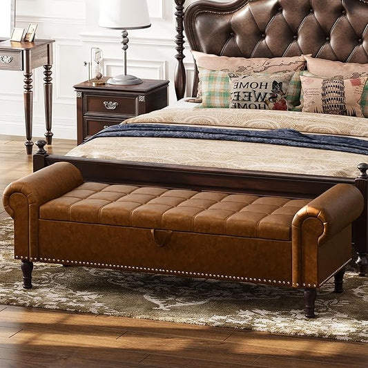 Apicizon 60” Bench with Storage, Upholstered Tufted Button Bedroom Bench with Storage, Faux Leather Ottoman Bench for Bedroom, Living Room, Entryway, Yellow Brown