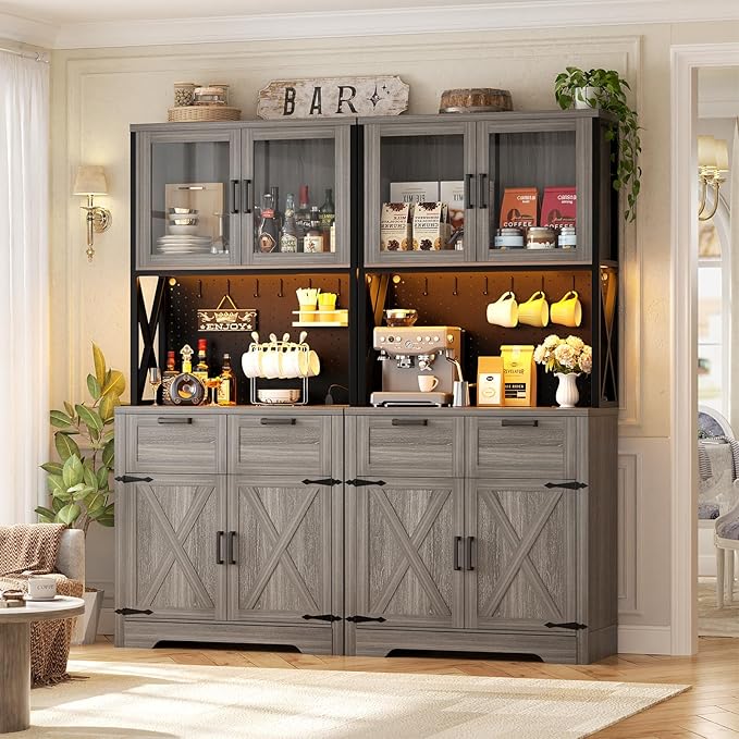 Unikito 71" Tall Kitchen Pantry Storage Cabinet with LED Light & Outlet, 63" Wide Kitchen Hutch Cabinet with Large Countertop, DIY Pegboard and Drawers, Food Pantry for Living Room,Enoch Walnut