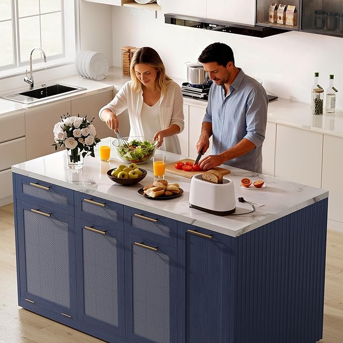 LIKIMIO 59" Kitchen Island with Power Outlet & Hidden Trash can Storage, Faux Marble Island Table with Seating Area, 3-Tier Spice Rack, 3 Drawers, 2-Tier Cabinet, Rolling Kitchen Cart on Wheels, Blue