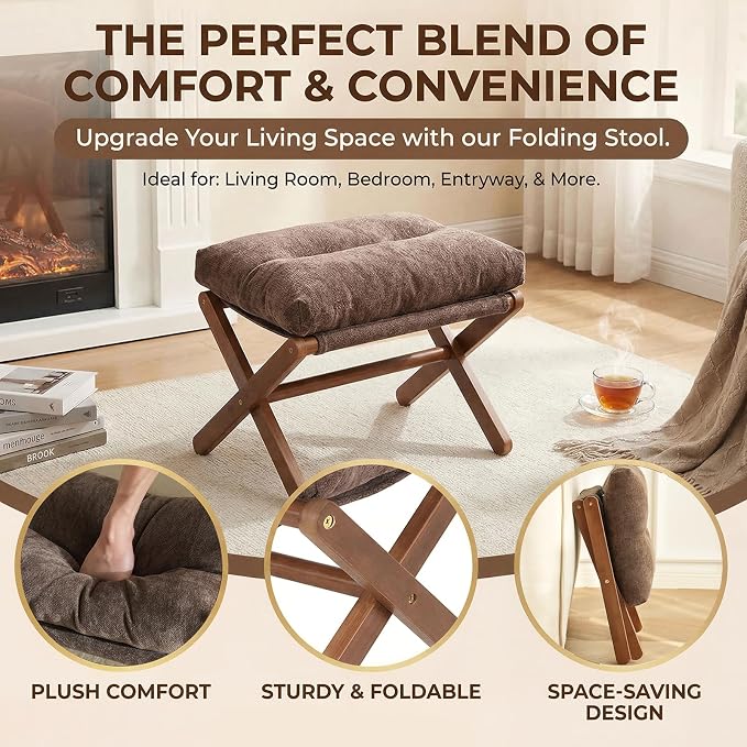 Baveke Ottoman Foot Rest- Bamboo Foldable Stool, Foot Stools Small Ottman with Upholstered & X Legs, Folding Stool for Makeup, Bedroom and Living Room, FSC-Certified (Small Brown)