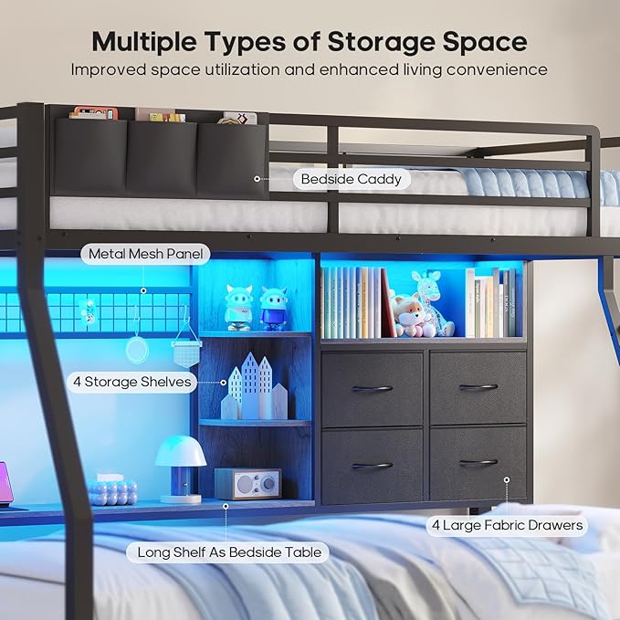 BTHFST Bunk Bed Twin Over Twin with 4 Storage Drawers & Shelves & Bedside Caddy, Twin Bunk Beds with Charging Station & LED Lights, Metal Loft Bed with Safety Guardrail & Angled Ladder, Black & Grey