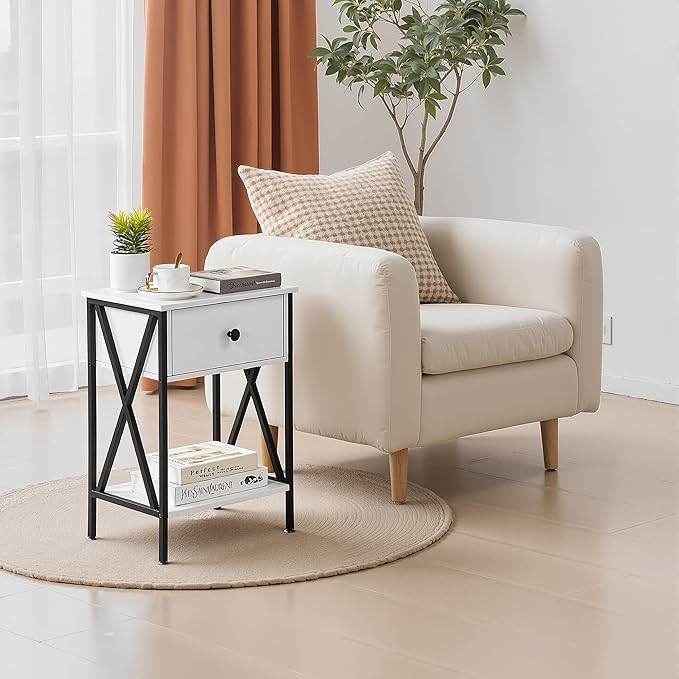 VECELO Nightstands Set of 2, Modern Bedside End Tables, Night Stands with Drawer and Storage Shelf for Living Room Bedroom, Industrial Metal Frame