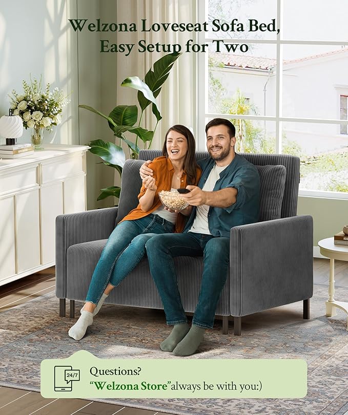 Welzona 47.2" Convertible Sofa Bed Couch, Comfy Corduroy Loveseat Sleeper Sofa, 620lbs Capacity Couch Bed, Easy Setup Love Seat Sleeper Bed 2 Pillow, Small Couches for Living Room/Office, Classic Grey