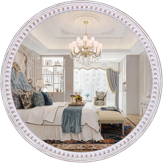 30 Inch Rustic Farmhouse Round Mirror for Wall Decor, Boho Wooden Decorative Circle Mirrors for Bathroom Over Sink, Entryway, Living Room& Bedroom