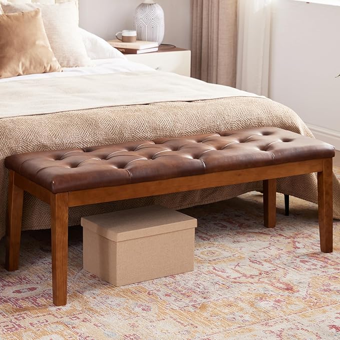 Ottoman Bench Upholstered Padded Seat with Solid Wood Legs and Button-Tufted, Big Oversized Ottoman, Faux Leather Retro Brown