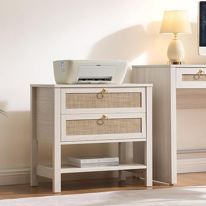 SICOTAS Boho Rattan Nightstand Set of 2, 26.7" Extra Wide Bedside Table with 2 Drawers & Open Shelf, White Oak Large Side Table for King Size Bed, Modern Coastal End Table for Master Bedroom