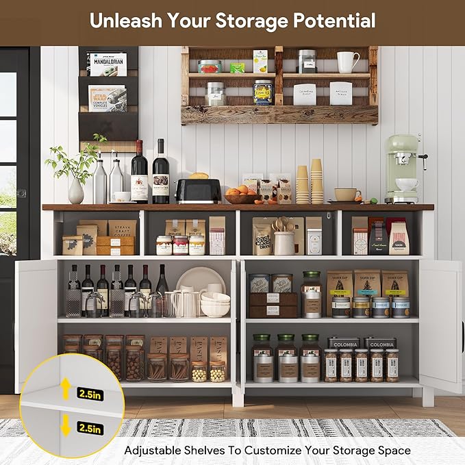 knoworld 63'' Buffet Sideboard with Storage Farmhouse with 4 Doors, Large Kitchen Storage Cabinet Wood Coffee Bar Cabinet Buffet Table with Shelves for Kitchen, Dining Room, Entryway