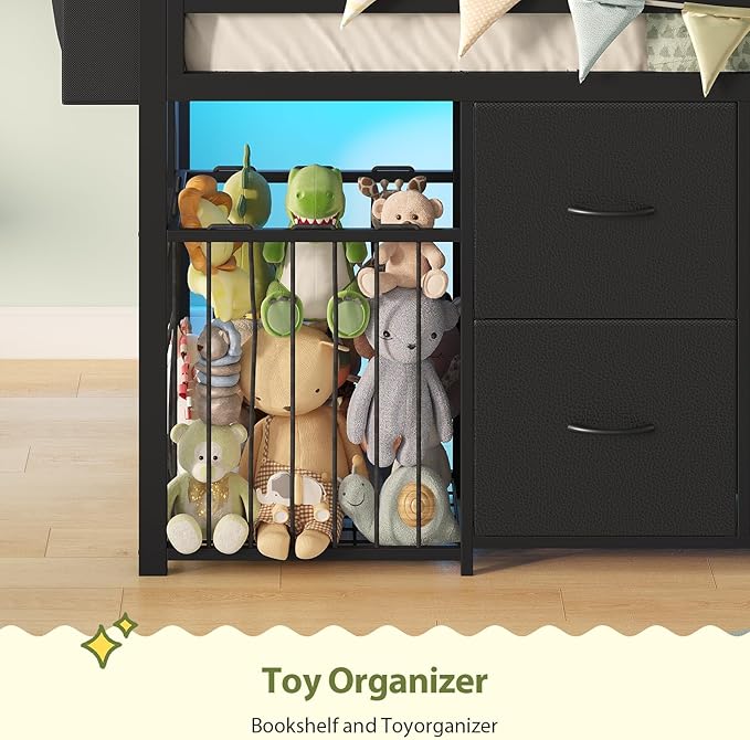 UPOSOJA Twin Size Low Loft Bed with RGB Lights & Play Zone, 8 XL Drawers, Kids Play Loft Bed with 2-Step Ladder & Anti-Tip Kit (Black)