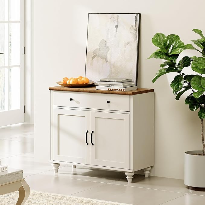 WAMPAT 34’‘ White Buffet Cabinet with Doors and Drawer, Wood Kitchen Storage Cabinet Modern Farmhouse Coffee Bar Table Sideboard Credenza for Dining Room