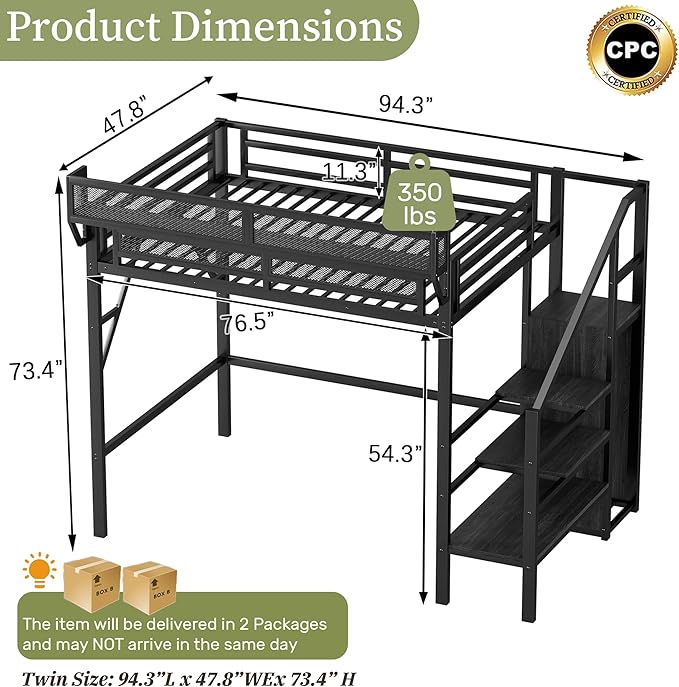 Mirightone Twin Size Loft Bed with Stairs and Storage, Metal Loft Bed Frame with A Shelf and Large Under-Bed Space, Heavy-Duty Loft Beds for Kids Boys Girls Teens, Black