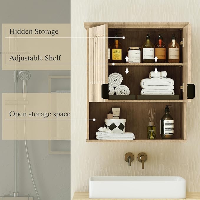 Fatmok Bathroom Wall Storage Cabinet, Medicine Cabinet with Adjustable Wood Shelf & Doors, Over the Toilet Storage Cabinet for Laundry Room & Living Room Kitchen,Natural