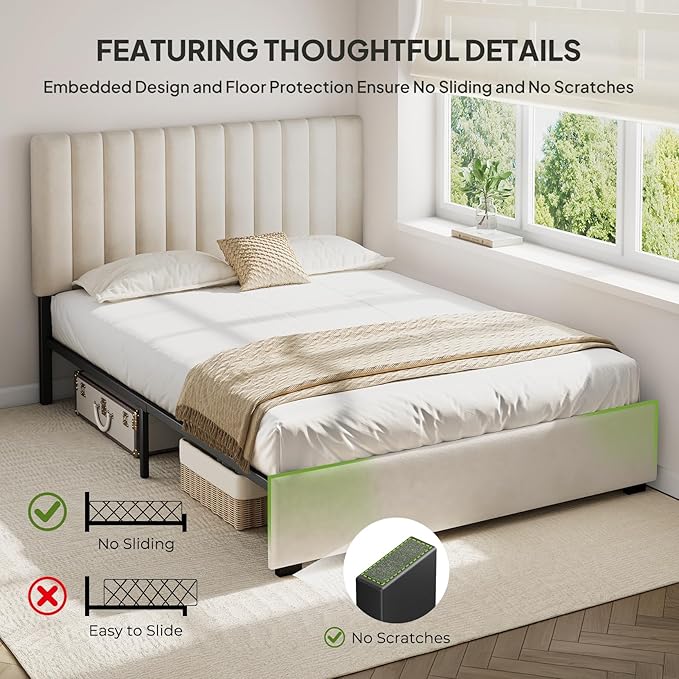 Welzona Queen Upholstered Bed Frame with Headboard, Velvet Upholstered Metal Platform Bed with Vertical Channel Tufted Headboard, 3-Level Height, Metal Slat Support, Noise-Free Easy Assembly, White