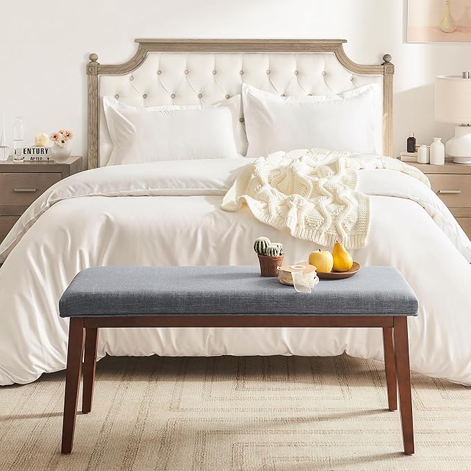 kinmars Upholstered Bench for Bedroom End of Bed,42.5-inch Entryway Bench for Living Room,Dining Bench with Padded Seat and Solid Wood Leg for Kitchen Bedroom,Indoor and Hallway (Bench, Grey)