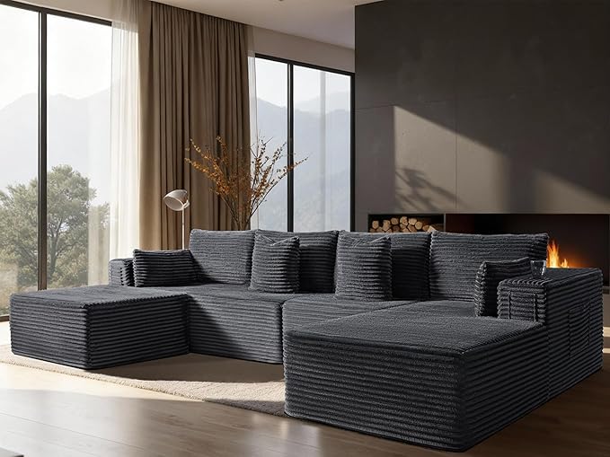 138" Oversized Cloud Sectional Couch, Comfort U Shaped Boneless Couch for Living Room, Extra Deep Seats No Assembly, Modular Sofa, Corduroy (Dark Grey, 3 Seater+Right Facing Chaise+Ottoman)
