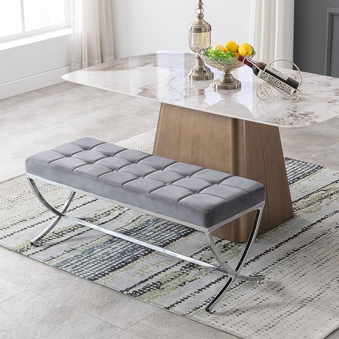 DUOMAY Modern Tufted Ottoman Bench, Velvet Upholstered Dining Bench, Button Tufted Footrest Stool Vanity Seat with with X Metal Legs, 45.75" W x 16.5" D x 19.25" H, Grey