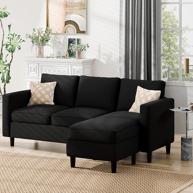 Nuturelly Modern Convertible Sectional Sofa Couch with Reversible Chaise, 3-Seater L-Shaped Small Space Couch for Living Room, Apartment & Office, Compact Fabric Sofa with Movable Ottoman, Black