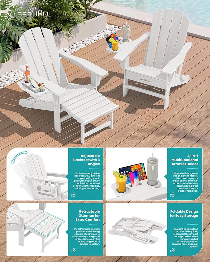 SERWALL Folding Adjustable Adirondack Chairs with Footrest Set of 2, HDPE Outdoor Chair with 4-in-1 Cup Holders, All Weather Adirondack Chair with Ottoman, White