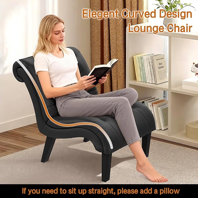 Black Faux Leather Accent Chair Modern Button Tufted Upholstered Armless Chair for Bedroom Living Room with Wood Legs