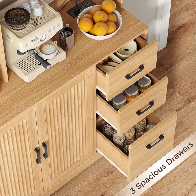 Kitchen Pantry Cabinet with Charging Station, 68" Tall Storage Cabinet with 3 Drawers, 2 Cabinets, Open Shelves, Fluted Doors, Wood Kitchen Hutch with Microwave Stand for Dining Room Living Room