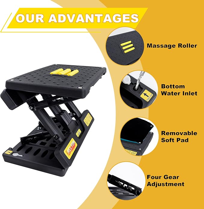 footrest for Under Desk at Work, Massage and Soft Cushion, for Multi-Scene | 4-section height adjustable, foldable, ergonomic footrest, metal frame (Yellow)