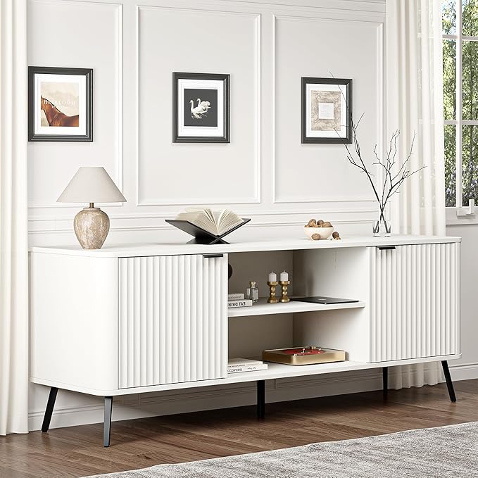 Fatmok TV Stand, 58" Modern Media TV Console Table with Storage for 55/60/65 inch TV, Mid Century Entertainment Center with Fluted Door Cabinets and Open Shelves TV Cabinet for Living Room, Bedroom