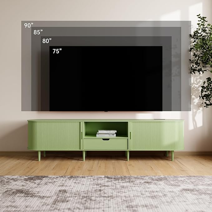 DHH 86.6" Fluted TV Stand with Power Outlet for TVs up to 90", TV Console with Adjustable Shelves and Sliding Door,Mid Century Modern Entertainment Center for Living Room,Bedroom (Green, 86.6Inch)