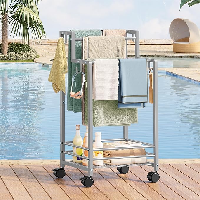 Gewudraw Free Standing Towel Rack, Pool Towel Rack, 4-Tier Blanket Stand with Shelf, Bathroom Towel Drying Rack with 4 Hooks, Rust-Resistant Drying Rack Indoor/Outdoor, Silver