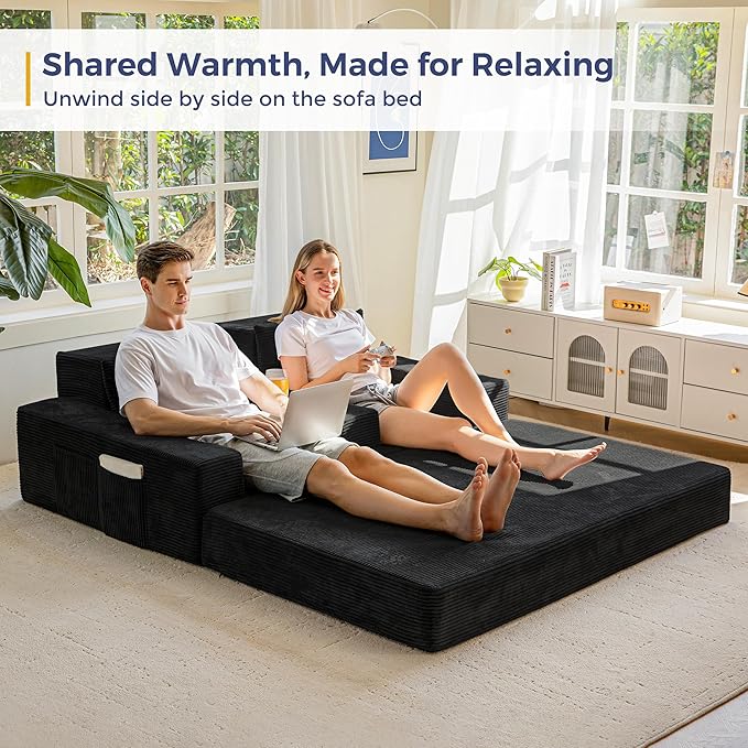 MAXYOYO Loveseat Sofa Bed, 64" Foldable Floor Sofa Couch in A Box with 2 Cup Holders, 4 in 1 Convertible Boneless Couch Folding Recliner Sleeper Chair for Living Room, No Assembly Required, Black