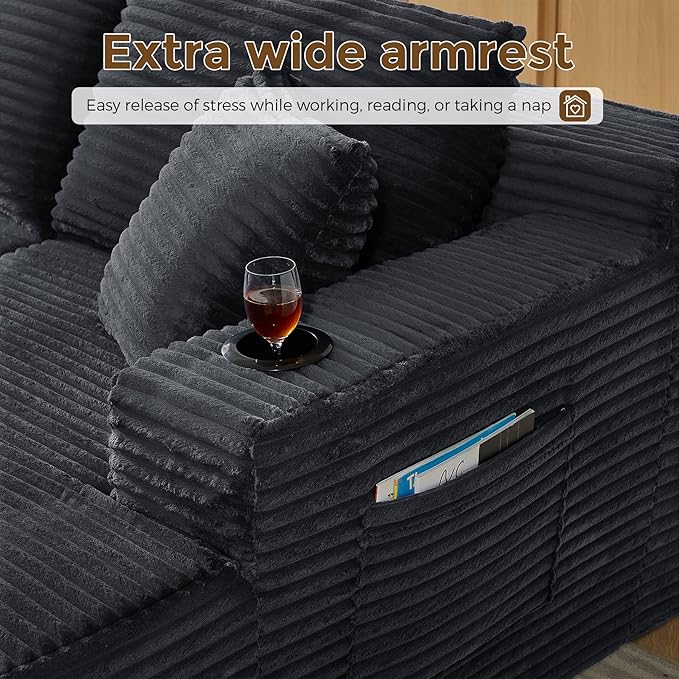 133" Oversized Cloud Boneless Sofa Couch with Chaise, Modern Corduroy U Shaped Modular Sectional Sofa with Deep Seat, Comfy Couch with Cupholders and Storage, No Assembly Required-Grey