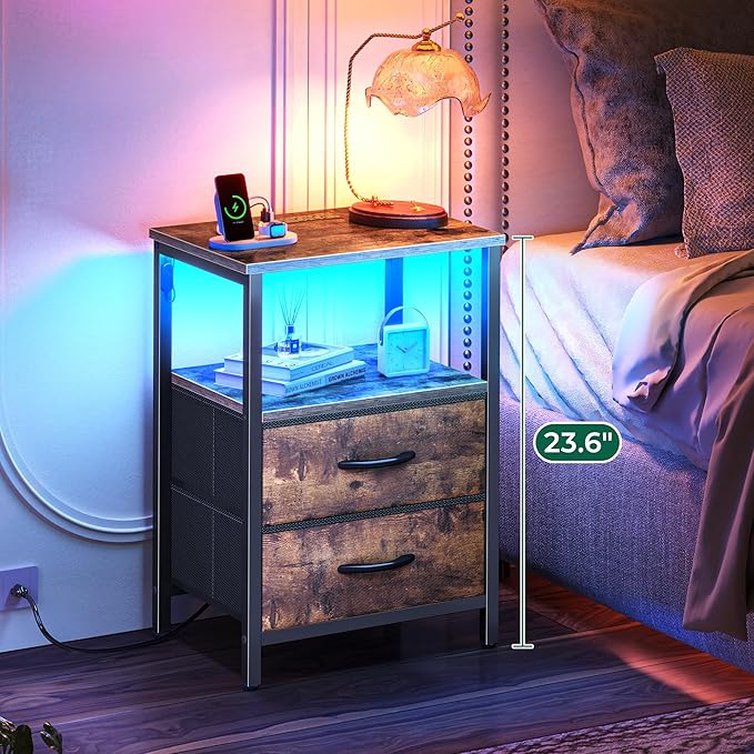 Huuger Night Stand with Charger Station and LED Lights, 2 Drawer Nightstand, Bed Side Table with Open Shelf, End Table, Fabric Dresser for Bedroom, Rustic Brown