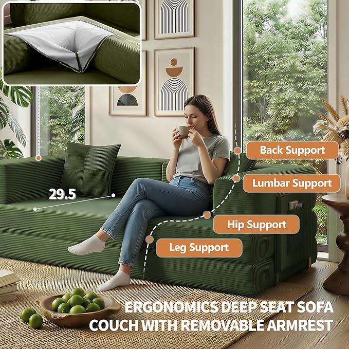 78.8" Convertible Sofa Bed with Armrest Pillow, 4-in-1 Sleeper Couch Bed for Livingroom, Modular Corduroy Boneless couches, No Assembly (Green)