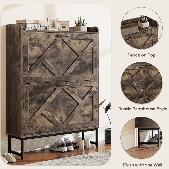 Nicetree Shoe Cabinet with 2 Flip Drawers, Freestanding Shoe Storage Cabinet with Metal Legs, Farmhouse Shoe Organizer for Entryway, Foyer, Hallway, Rustic Brown