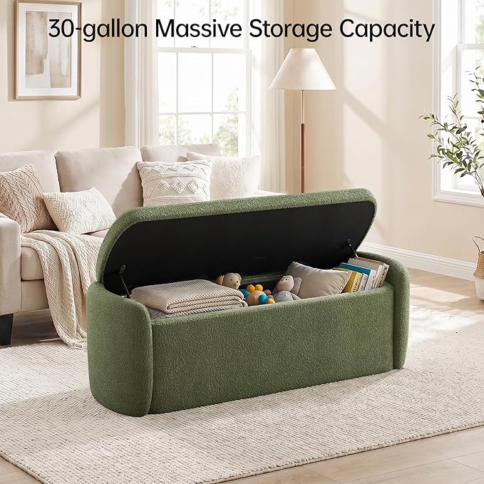 VKNOW 51" Storage Ottoman Bench, Upholstered End of Bed Bench with Smooth Hinges, Oval Large Ottoman Bench for Bedroom, Living Room and Hallway Entryway, Green