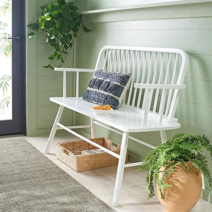 SAFAVIEH Home Collection – Lucilia Spindle Bench, White Solid Wood Entryway or Dining Bench, Windsor Style Seating (BCH8501B)