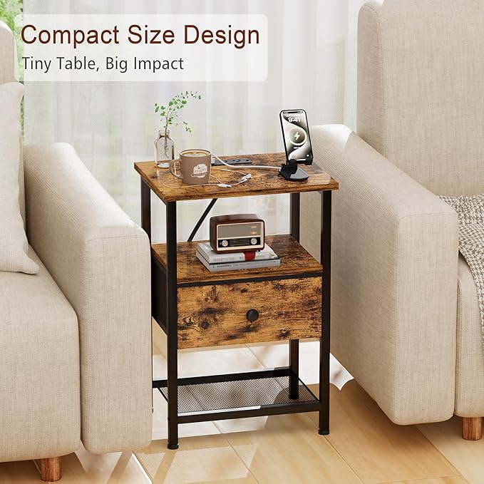 LOAKEKEL Night Stand, Nightstand with Charging Station, Slim Industrial Bedside Table with Fabric Drawer, Small End Table with USB & Type-C Ports for Bedroom, Brown, HETS010BR-1