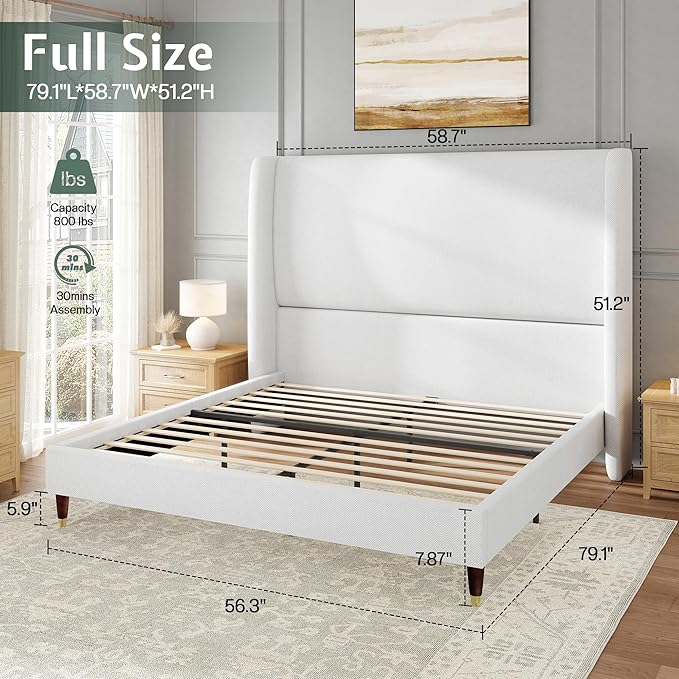 Jocisland Full Bed Frame 51.2" Wingback Headboard Linen Upholstered Platform Bed,Solid Wood Legs & Wooden Slats,No Box Spring Needed,Noise-Free,for Teen Room Small Bedroom Cozy Home,White